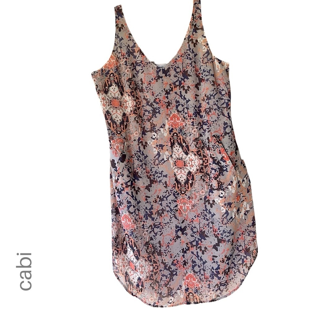 CABI NWOT FRESCO SLIP DRESS LINED POCKETS CORAL GRAY ABSTRACT FLORAL PRINT SMALL